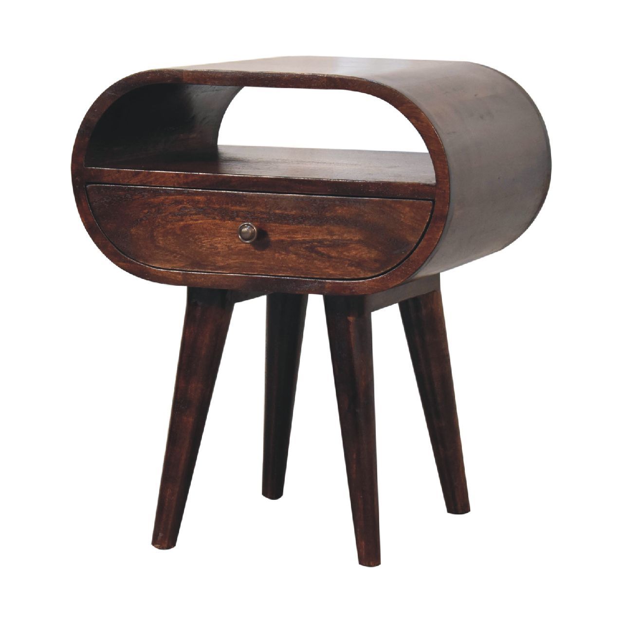 Wooden Circular Bedside Table With Open Slot - Walnut