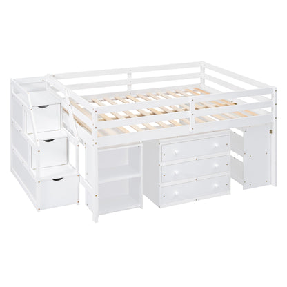 Loft Bed With Retractable Writing Desk And 3 Drawers With Storage Stairs And Shelves