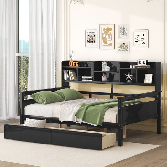 Full Size Daybed, Slat Support, With Bedside Shelf And Two Drawers - Espresso