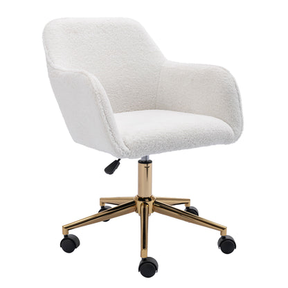Modern Teddy Fabric Material Adjustable Height 360 Revolving Home Office Chair With Gold Metal Legs And Universal Wheel For Indoor - White