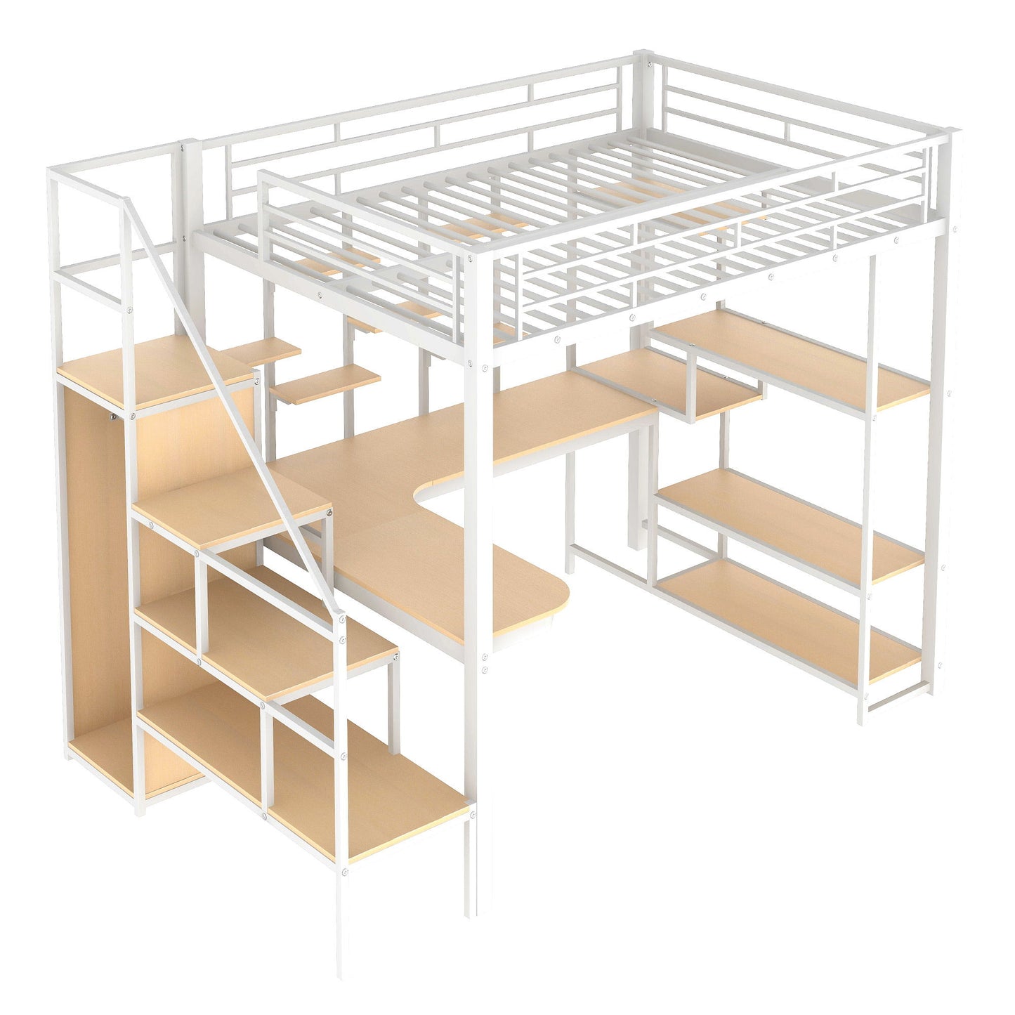 Full Size Metal Loft Bed With Storage Staircase And Small Wardrobe, Built - In Desk And Storage Shelves - White