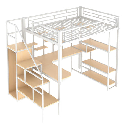 Full Size Metal Loft Bed With Storage Staircase And Small Wardrobe, Built - In Desk And Storage Shelves - White