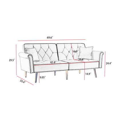 Velvet Tufted Sofa Couch With 2 Pillows And Nailhead Trim - Light Gray