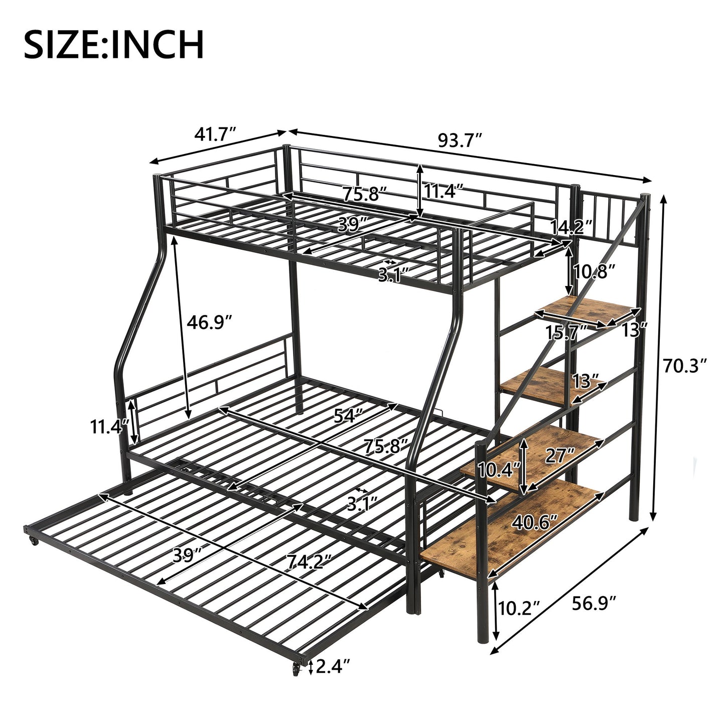 Twin Over Full Size Metal Bunk Bed With Trundle And Storage Staircase - Black