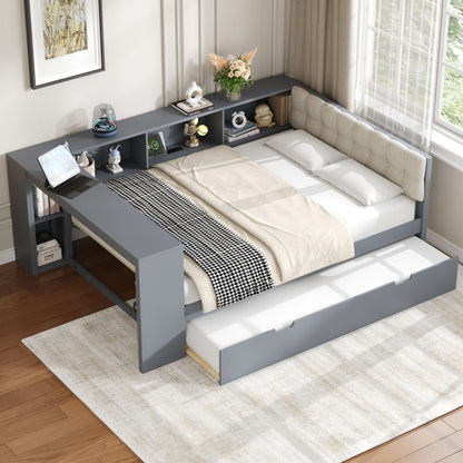 Upholstered Headboard Platform Bed With Storage Shelves, Trundle, Charging Station