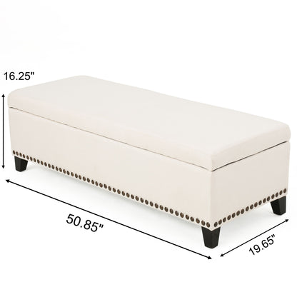 Upholstered Storage Ottoman With Nailhead Trim - Beige