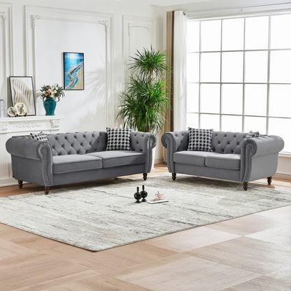 Chesterfield 3 And 2 Seater Velvet Upholstery Sofa With Roll Armrest & Nailhead Fabric Couch