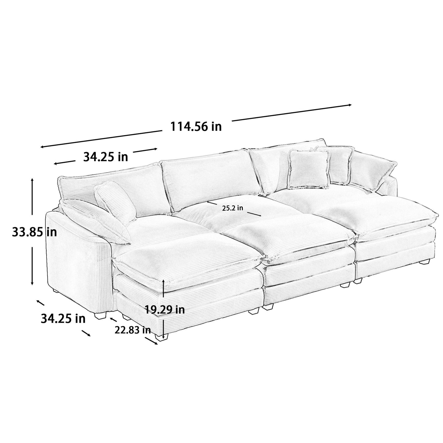 Modern Oversized Modular Cushion Sofa With Ottoman, Low Back, Deep Seating Sofa Set