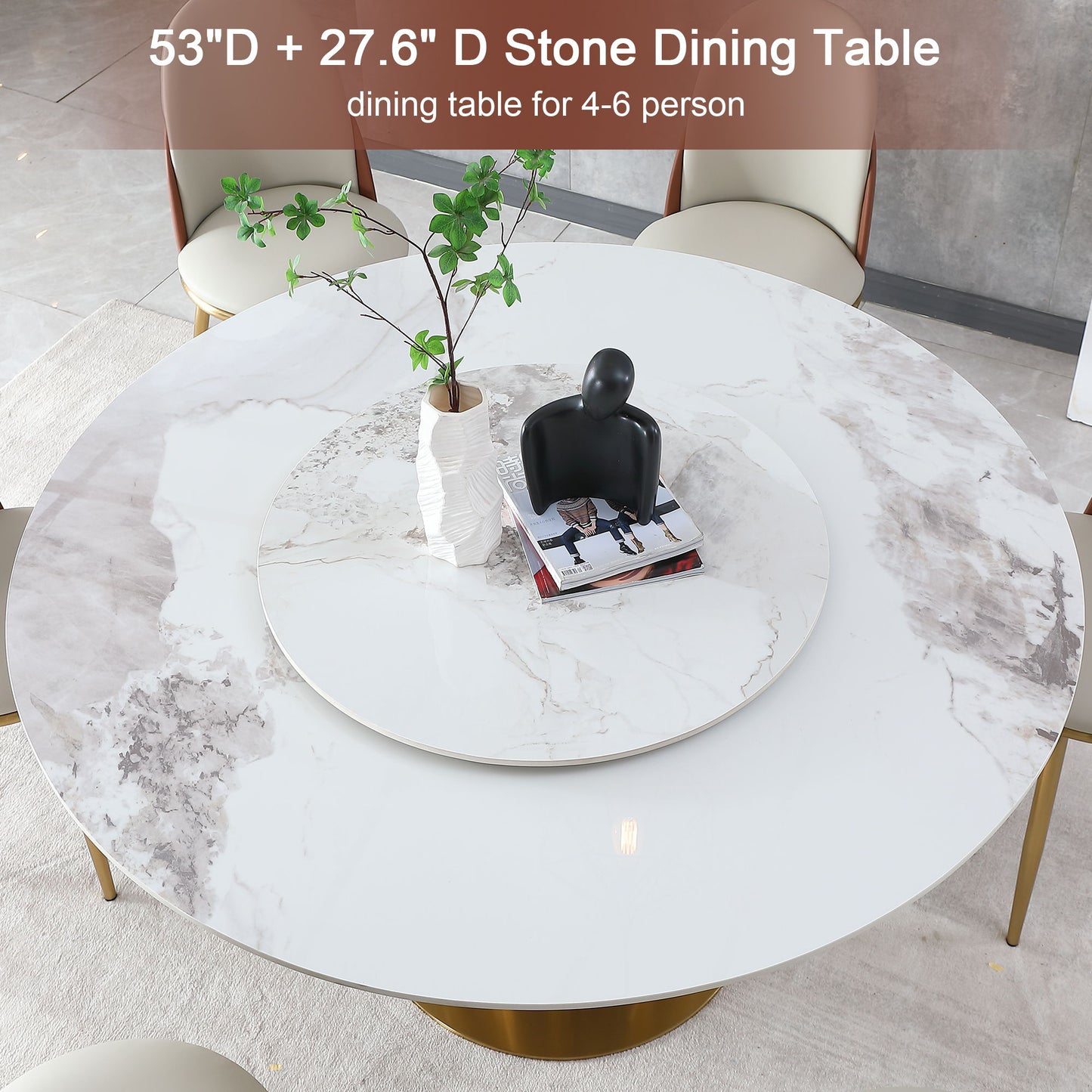 53" Round Marble Dining Table With Lazy Susan, Dining Room, Dinette (Table Only) - Gold / Gold / White