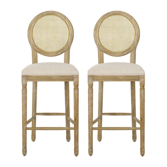 Country Chic Bar Stools (Set of 2) With Rattan Backrest And Upholstered Seat - Beige / Natural