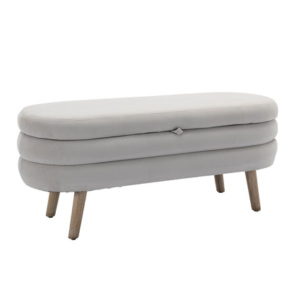 Velvet Fabric Storage Bench With Wood Legs For Bedroom And Living Room - Light Gray