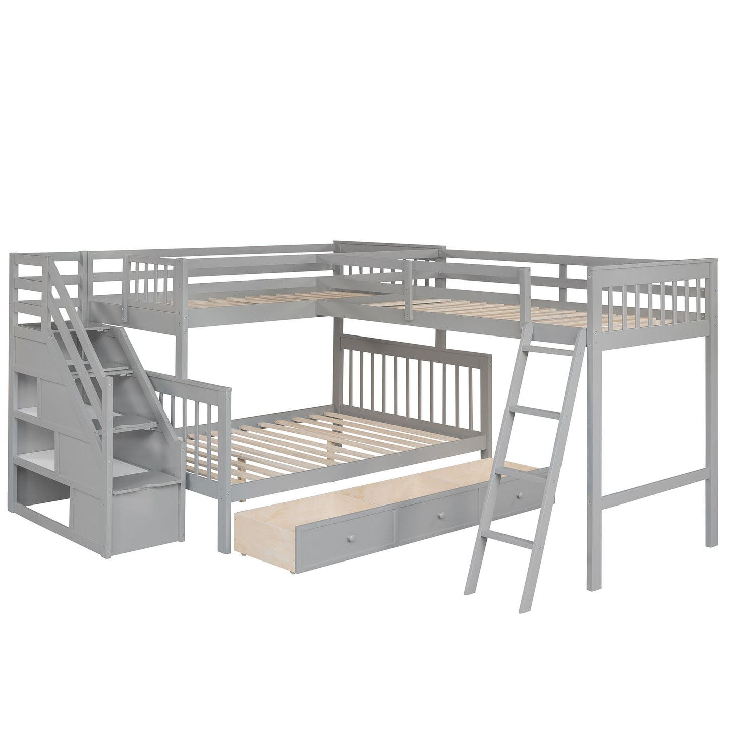 Solid L Shaped Bunk Bed With 3 Drawers, Ladder And Staircase