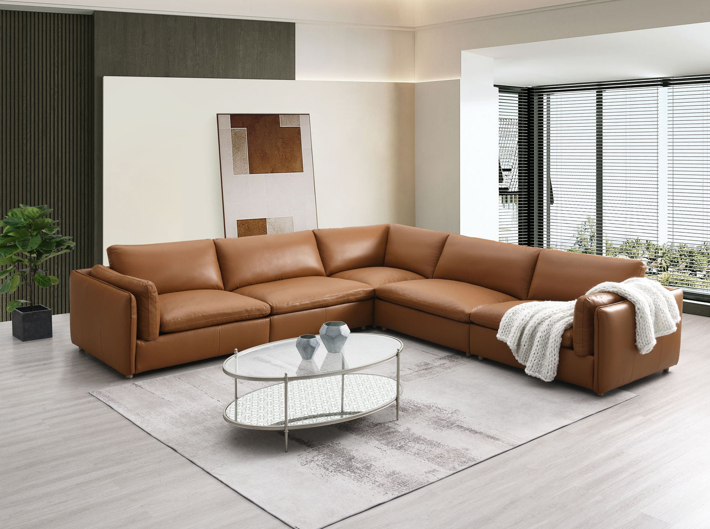 Brighton - Top Grain Leather 5 Pieces Modular Sectional - Brown