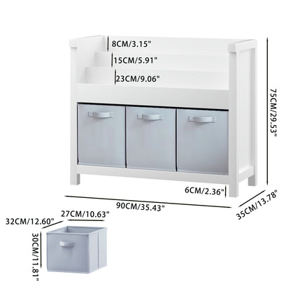 Bookshelf With 3 Tier Front Facing Storage And 3 Bins, Toddler Bookcase For Playroom - White