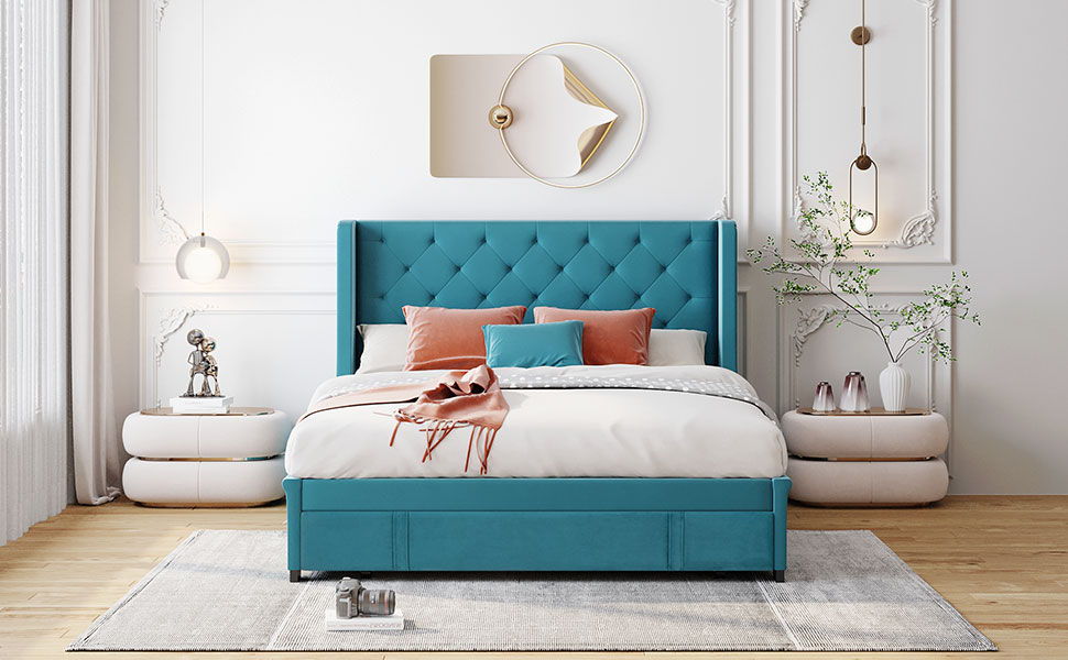 Queen Size Storage Upholstered Platform Bed With Wingback Headboard And A Big Drawer - Blue
