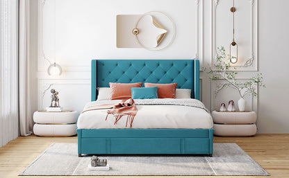 Queen Size Storage Upholstered Platform Bed With Wingback Headboard And A Big Drawer - Blue