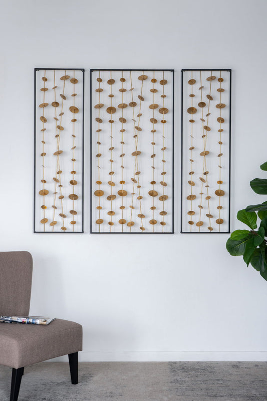 Metal Decorative Wall Art With Frame, Wall Decor For Living Room (Set of 3) - Gold
