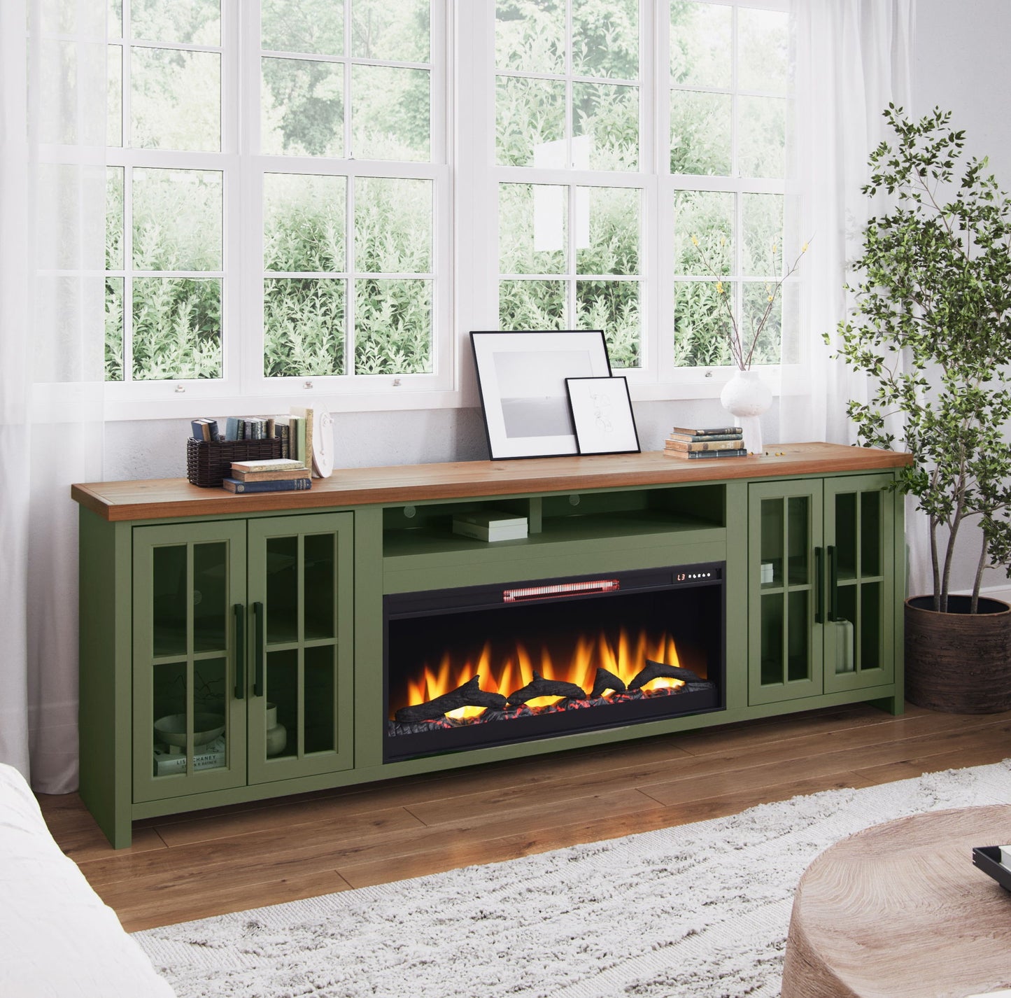 97" Fireplace TV Stand Console For TVs Up To 100" - Sage Green And Fruitwood Finish