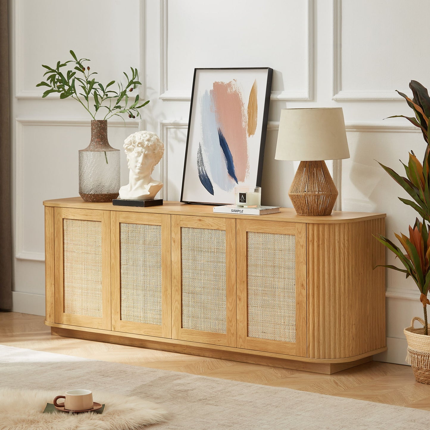 Contemporary Wave Shaped TV Stand With Rattan Doors
