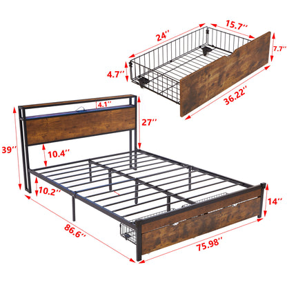 Modern King Size Metal Platform Bed Frame With Wooden Headboard USB Charging LED Lights And Storage - Brown / Black