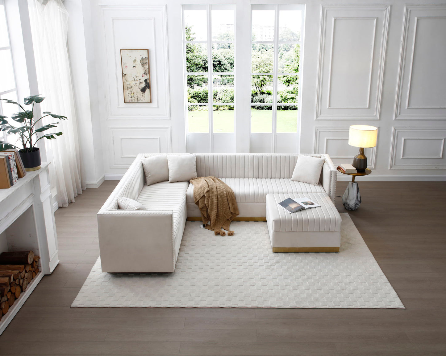 Contemporary Vertical Channel Tufted Velvet Sectional Sofa For Living Room Apartment With Ottoman And 4 Pillows - Beige