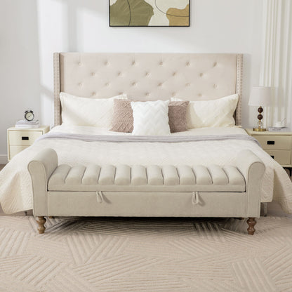 Wide Upholstered Storage Bench With Rolled Armrest For Bedroom - Griege
