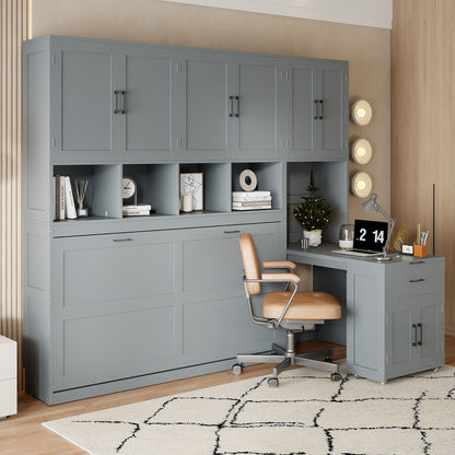 Twin Size Murphy Wall Bed With Closet, Drawers & Desk - Gray