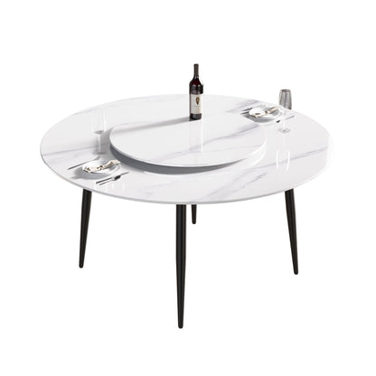 59.05" Modern Artificial Stone Round Metal Dining Table, Can Accommodate 6 People Artificial Stone Turntable - White / Black