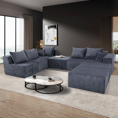 Luxury 8 Piece Modular U Shaped Sectional Sofa With Oversized Chaise Lounge And Bed Corduroy Upholstery