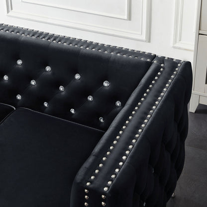 Wide Sofa With Jeweled Buttons Square Arm, 2 Pillows - Black