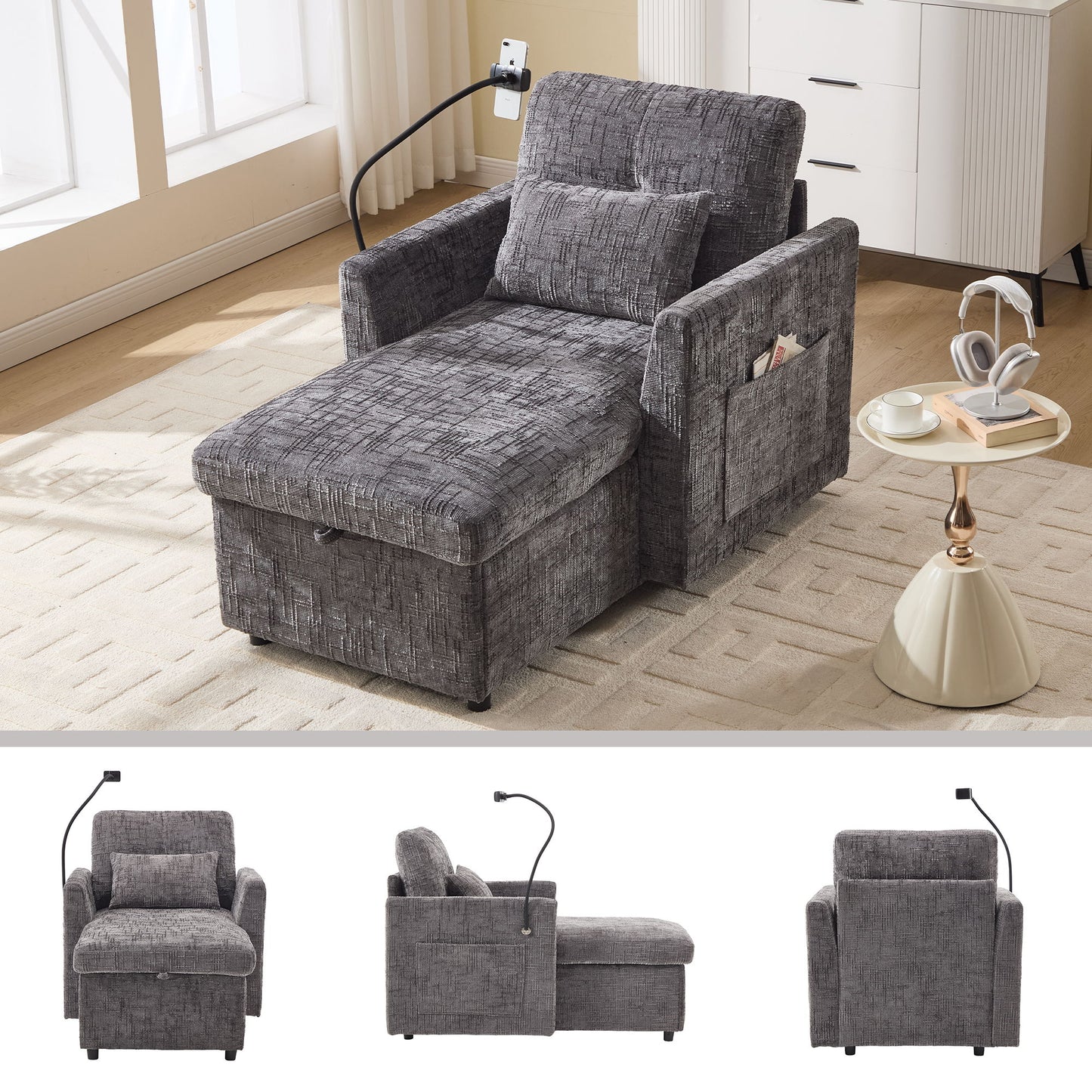 Multifunctional Chenille Recliner Sofa With Storage And Phone Bracket