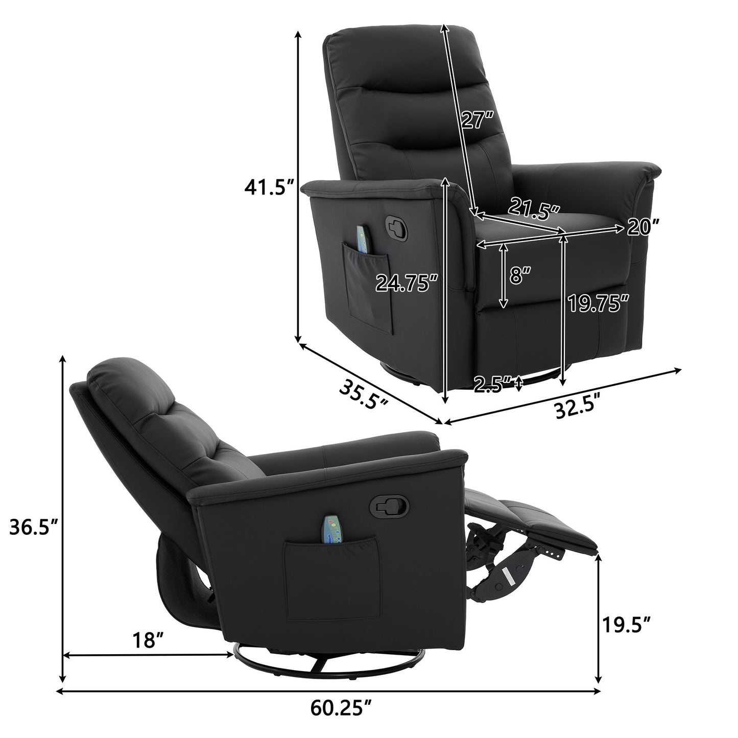 Manual Recliner Chair With 8 Point Massage And Swivel Function