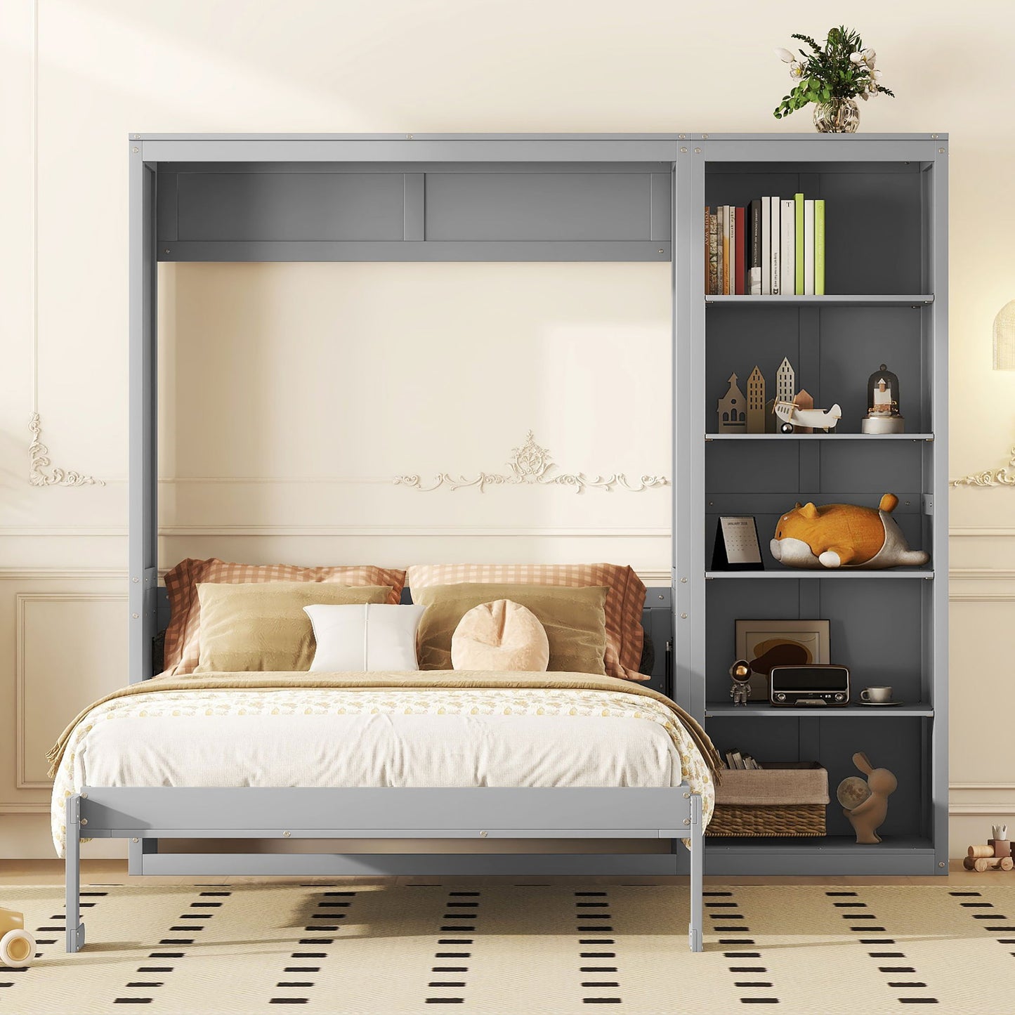 Queen Size Murphy Wall Bed With Shelves - Gray
