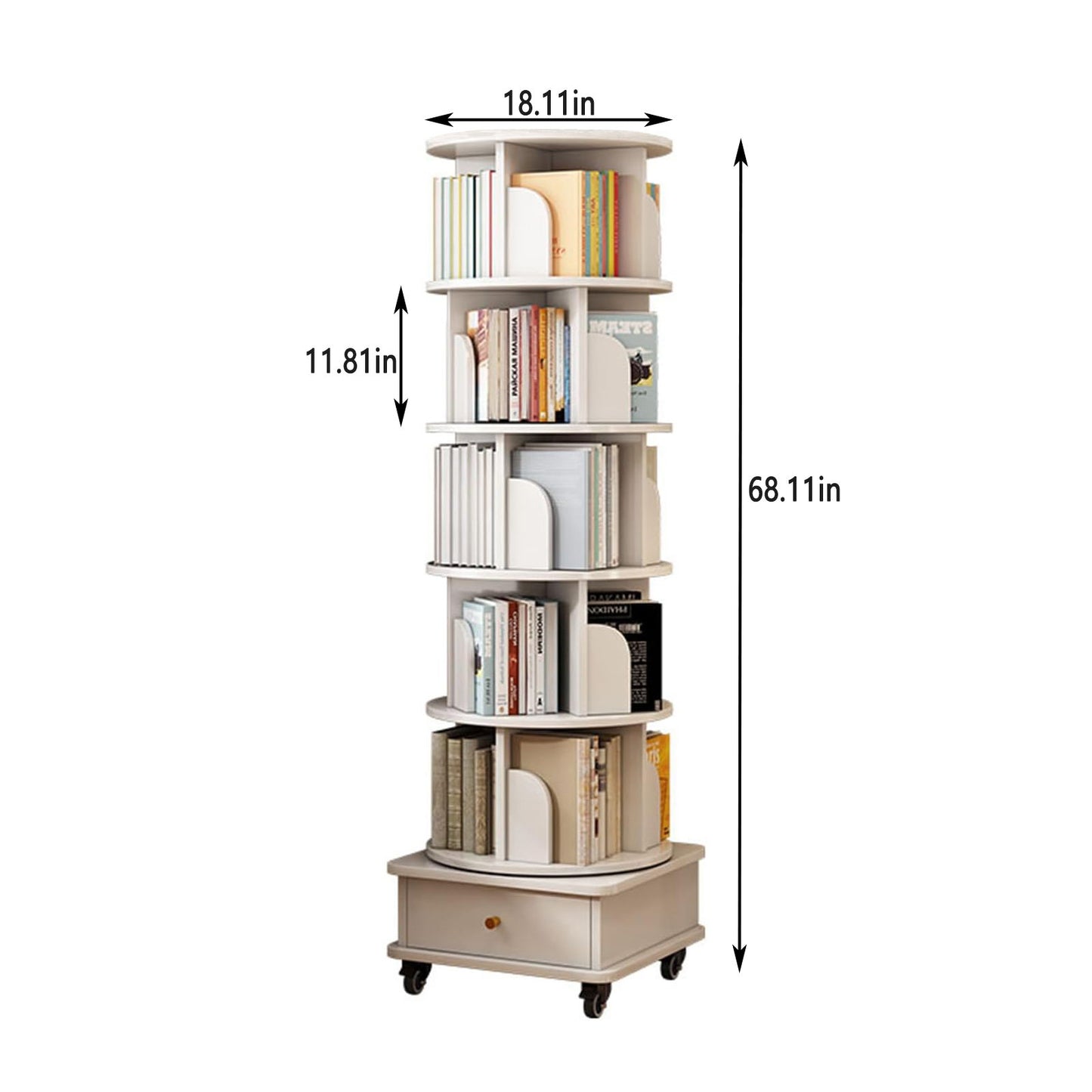 Rotating Bookshelf With Wheels And Drawer, 360° Spinning Design, Space Saving Storage