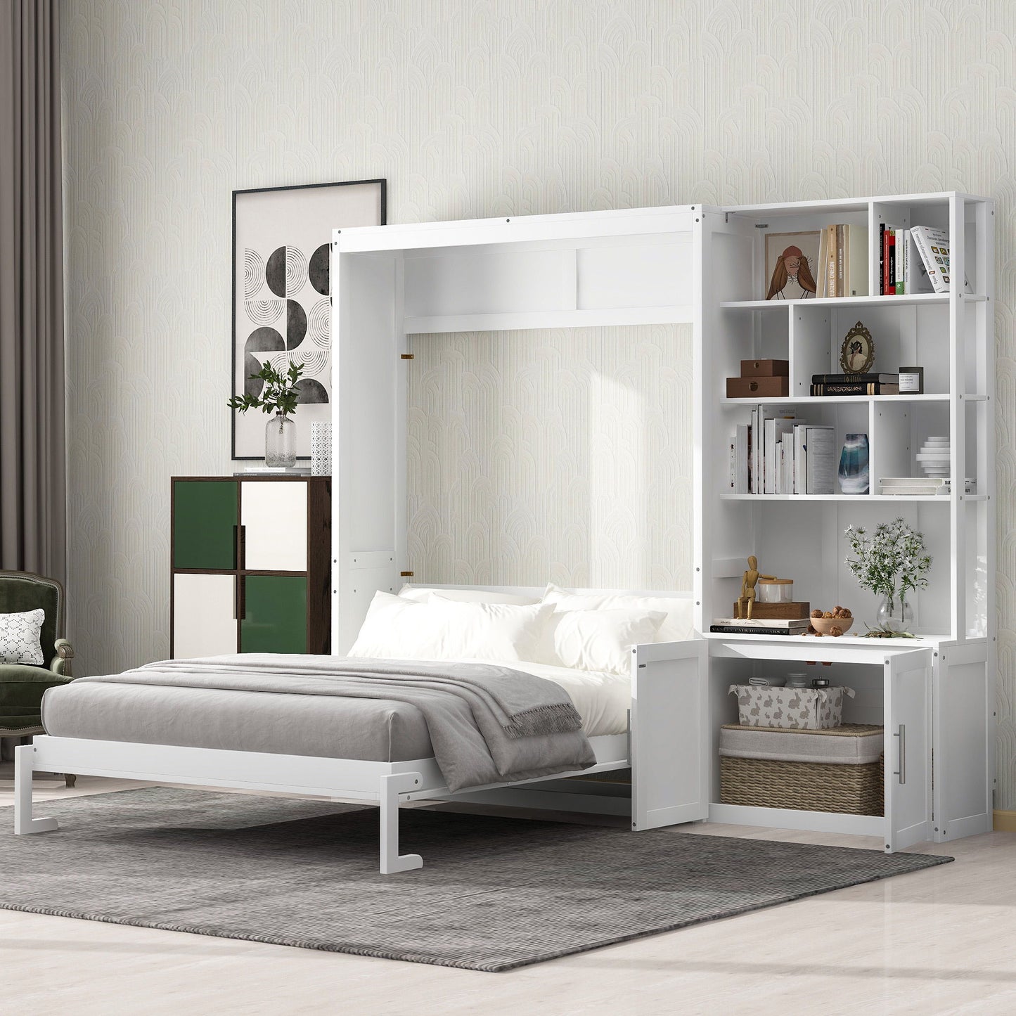 Full Size Murphy Bed With Multiple Storage Shelves And A Cabinet - White