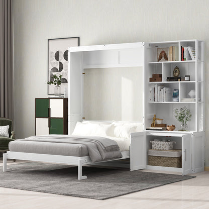 Full Size Murphy Bed With Multiple Storage Shelves And A Cabinet - White
