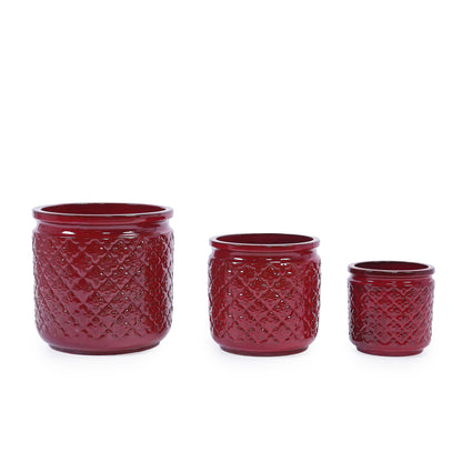 3 Pieces Ceramic Flowerpot, Planter For Patio & Garden Or Windowsills - Bean Paste Red
