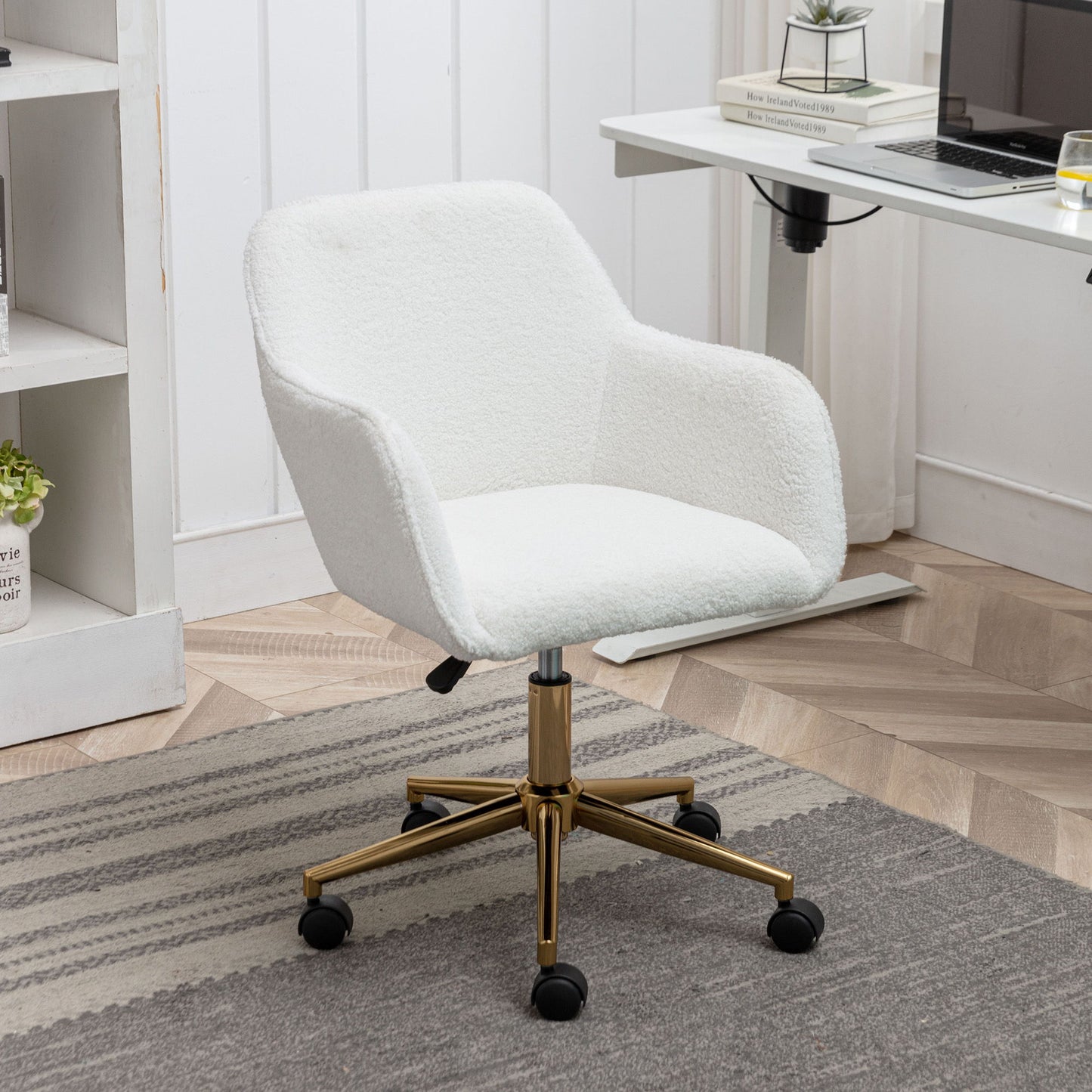 Modern Teddy Fabric Material Adjustable Height 360 Revolving Home Office Chair With Gold Metal Legs And Universal Wheel For Indoor - White