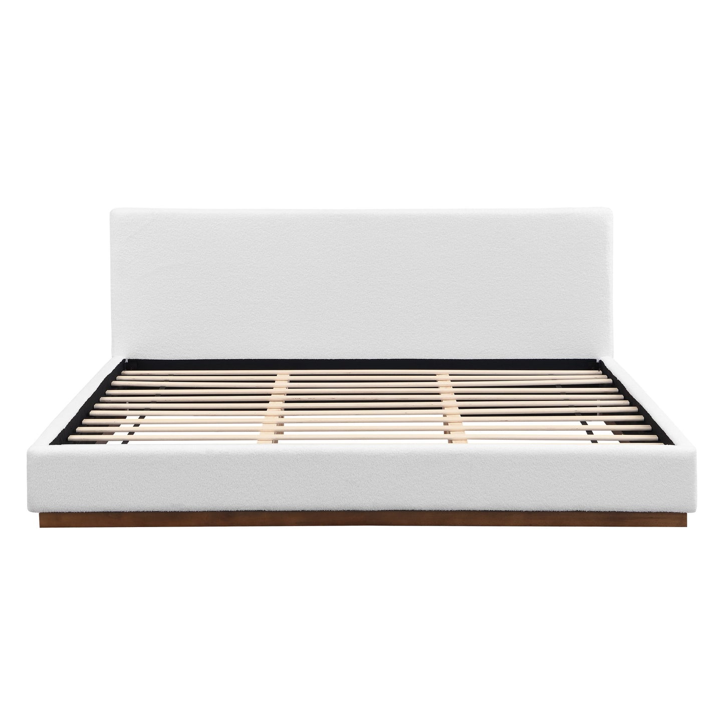 Elegant Boucle Upholstered Bed With Wood Grain Textured Solid Wood Base Frame