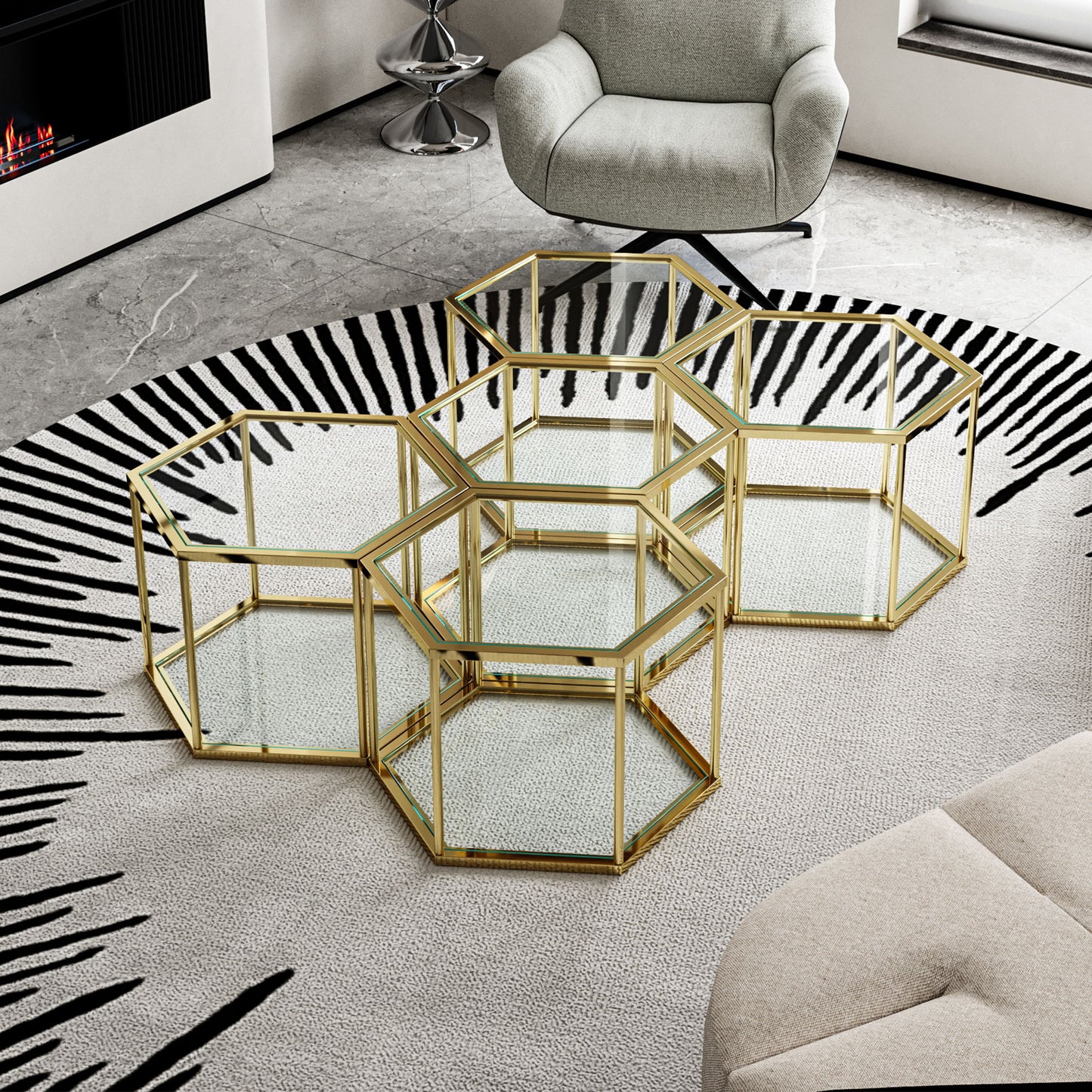 Modern Coffee Table With Double Layer Tempered Glass And Polygonal Design