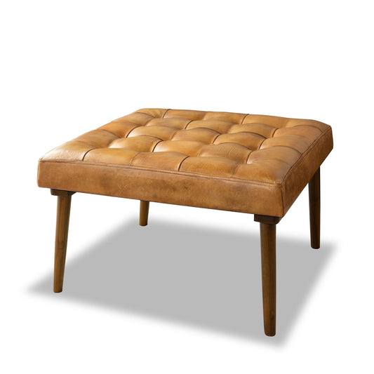 Mark - Mid-Century Tufted Square Genuine Leather Upholstered Ottoman - Light Tan / Rustic