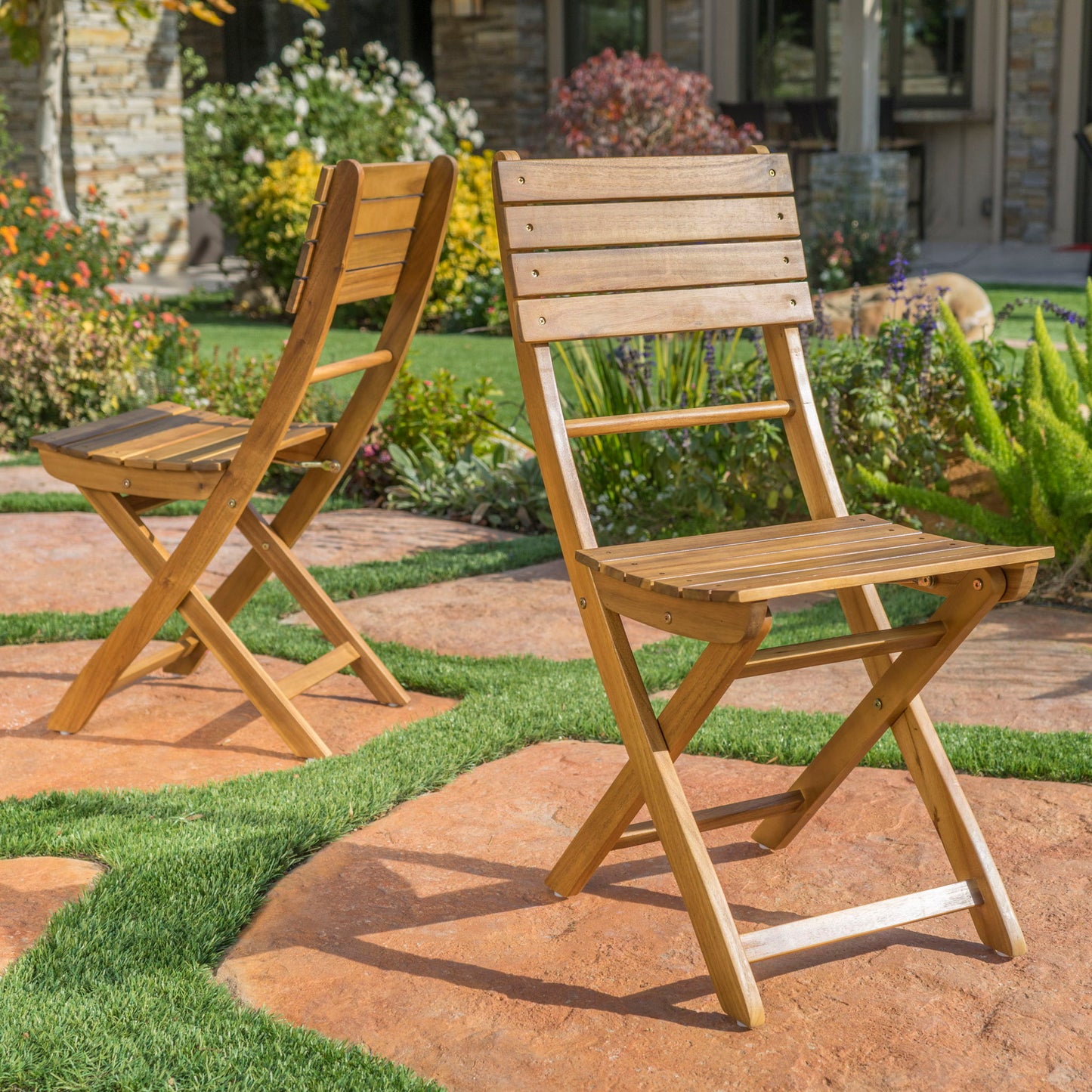 Outdoor Foldable Wood Dining Chair With Slat Design (Set of 2)