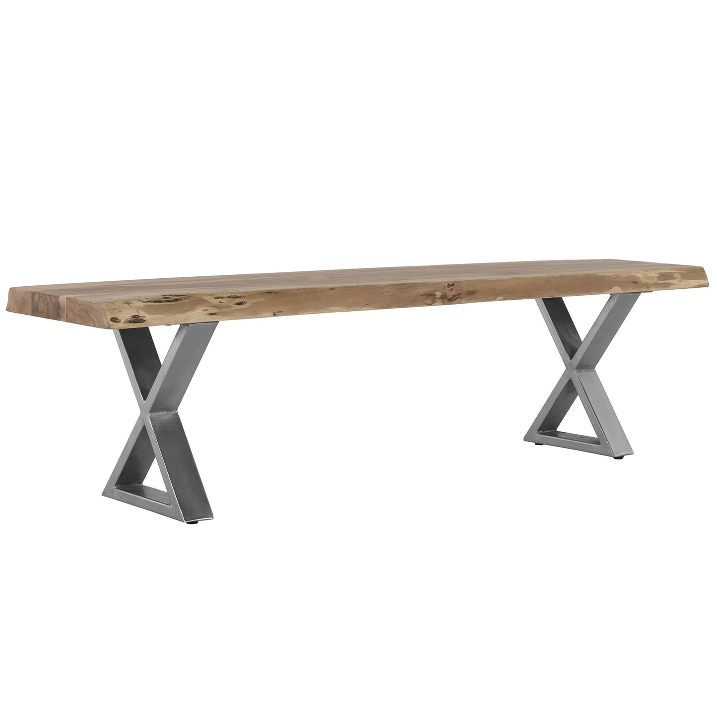 Farmhouse Design Acacia Wood Dining Bench With X Shaped Metal Legs - Brown / Chrome