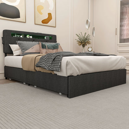 Queen Bed Frame With USB Charging, LED Lights & Storage Drawers Upholstered - Dark Gray