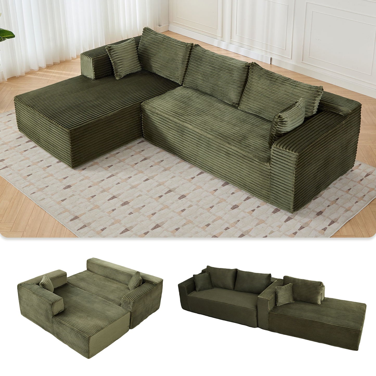 Compression Sectional Couch With Comfy Chaise, Boneless L Shape Sofa With Deep Seat