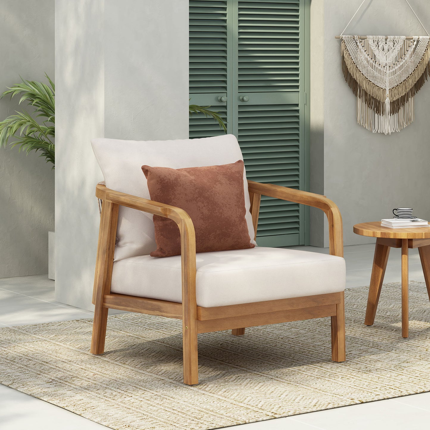 Outdoor Lounge Chair With Woven Backrest, Solid Wood Frame, Comfortable Cushions