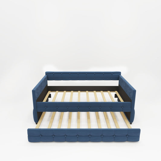 Upholstered Twin Size Daybed Bed Frame (Corner Bed) With Trundle, Velvet Fabric, Studding Design, No Box Spring Required