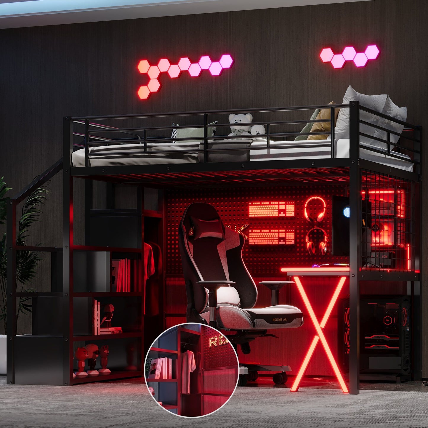 Loft Bed With Built In Work Station, Wardrobe, Storage Staircase And LED