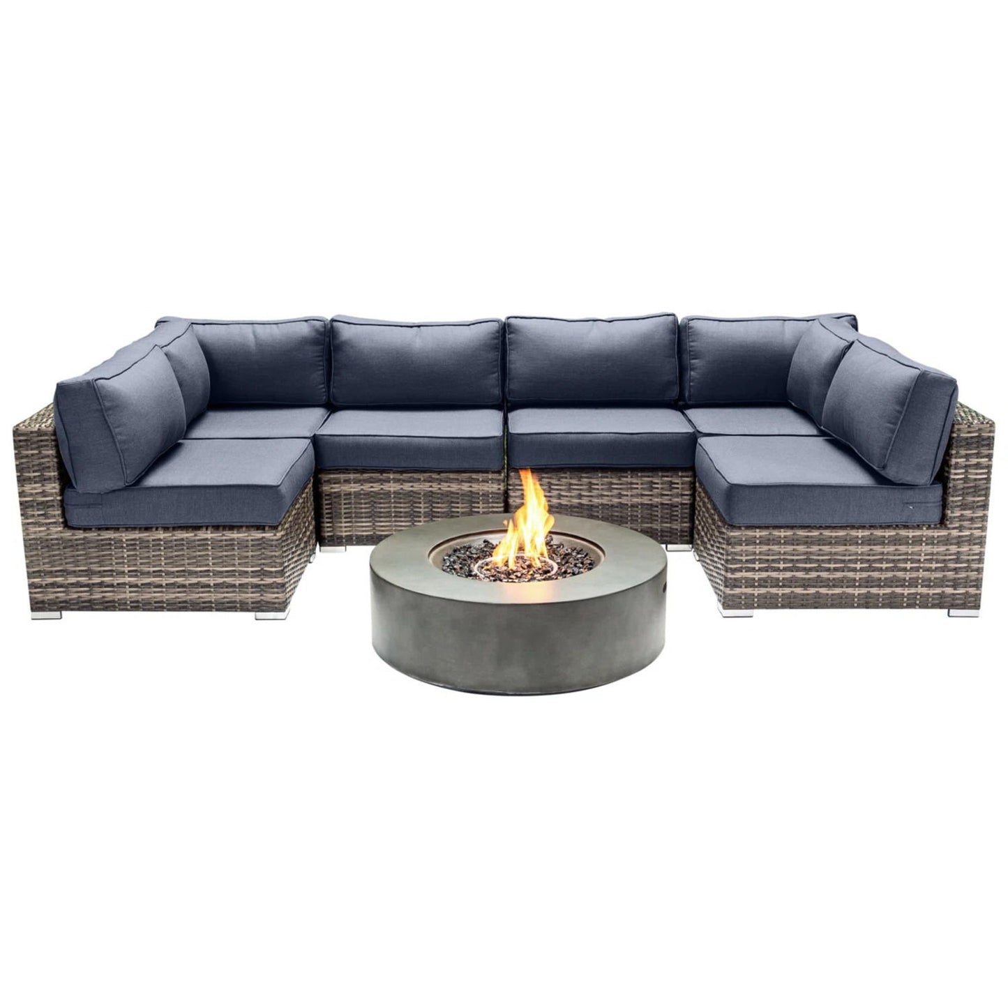 Outdoor 7 Piece Sectional Seating Group With Cushions And Fire Pit - Gray / Navy