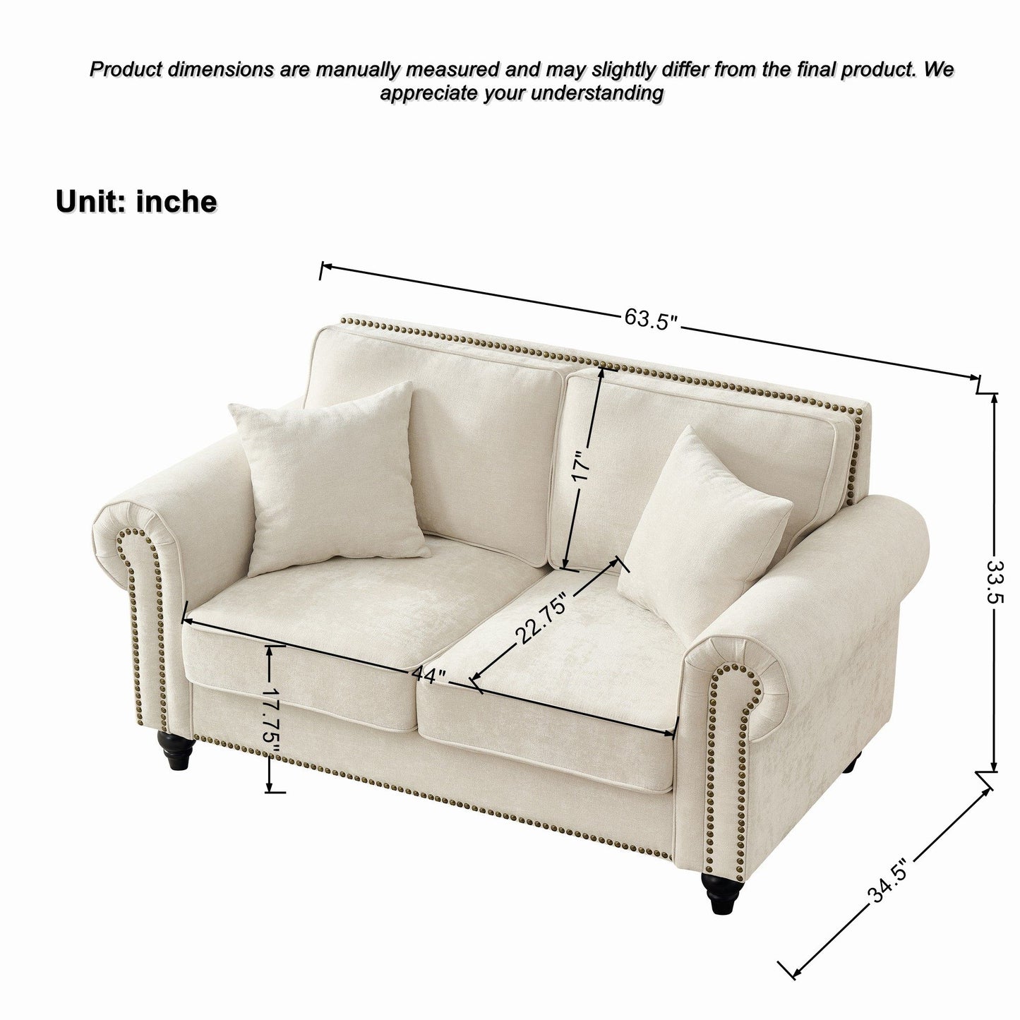 2 Seater Sofa With Rolled Arms, Tufted Upholstered Couch